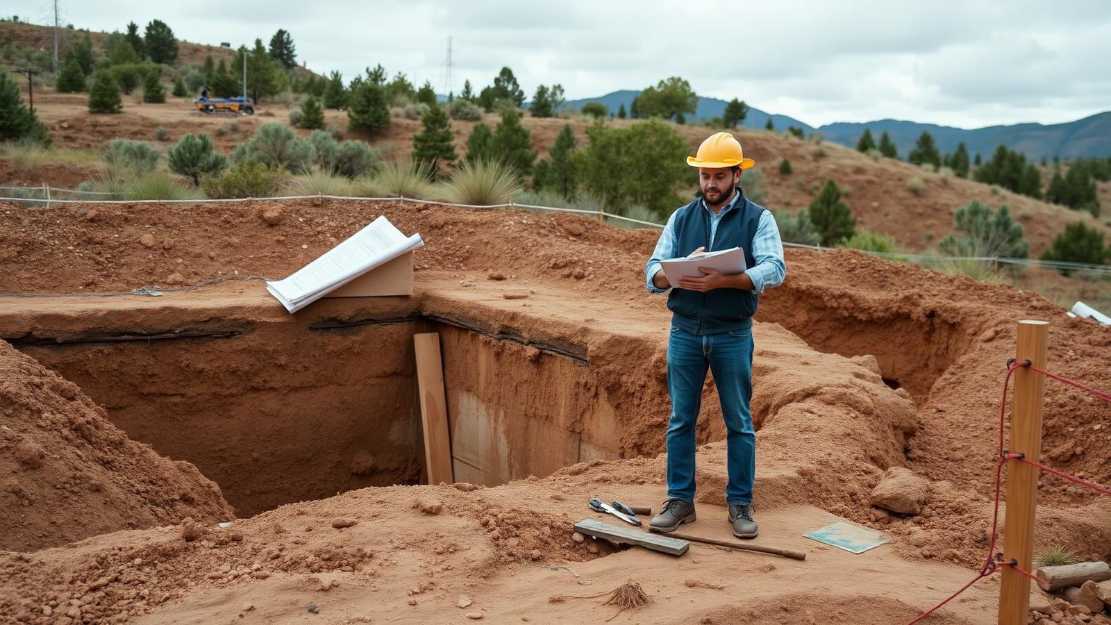 Inspector reviewing plans beside an excavated foundation on a Park City building lot