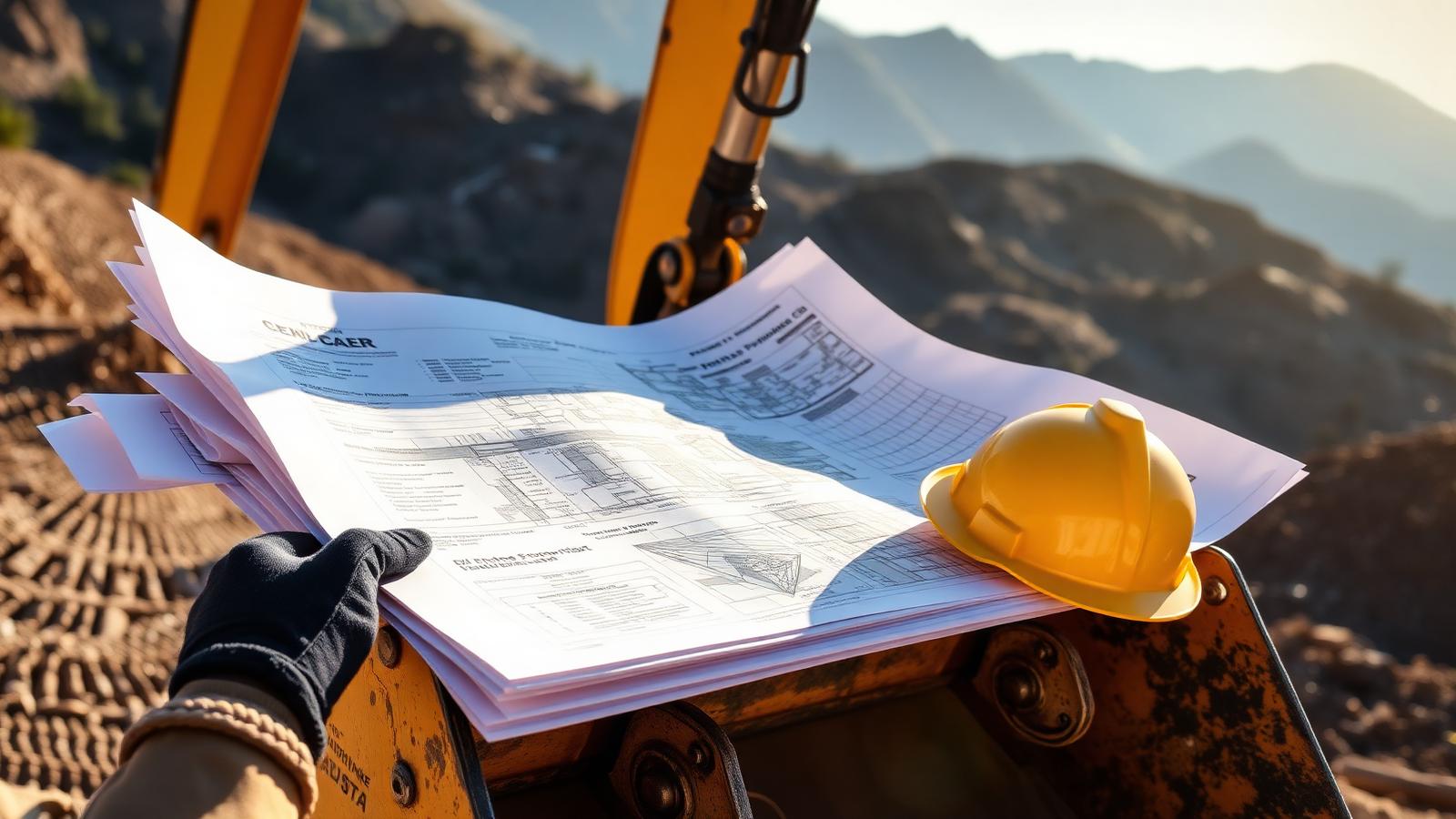 Grading permit drawings laid out on an excavator bucket at a Summit County job site