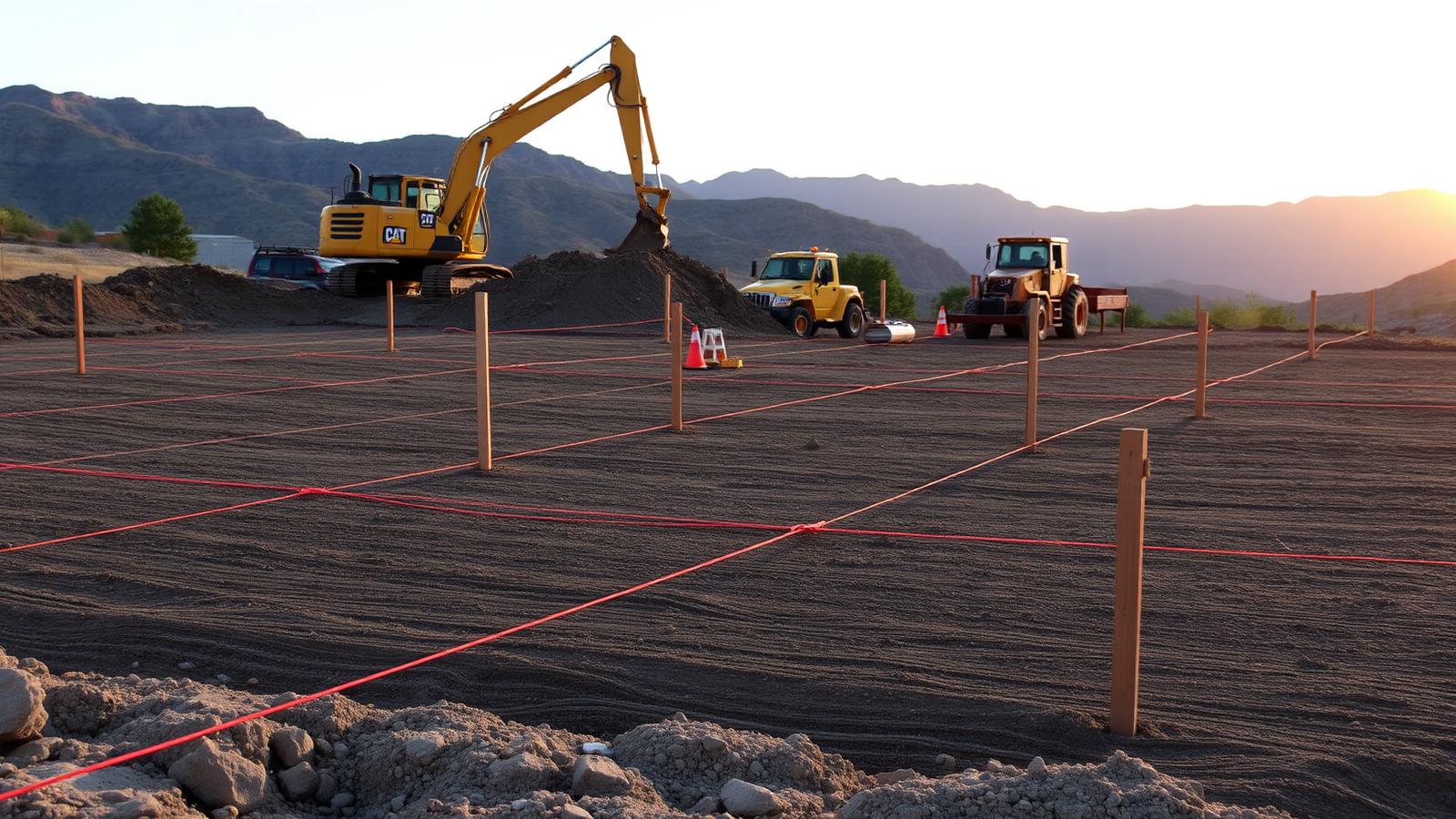 Grade stakes and string lines across a compacted building pad at dusk