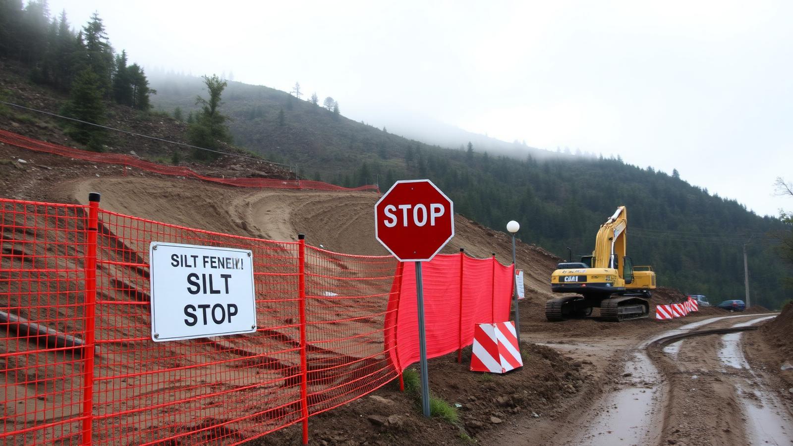Silt fence and site barricades protecting a mountain excavation site